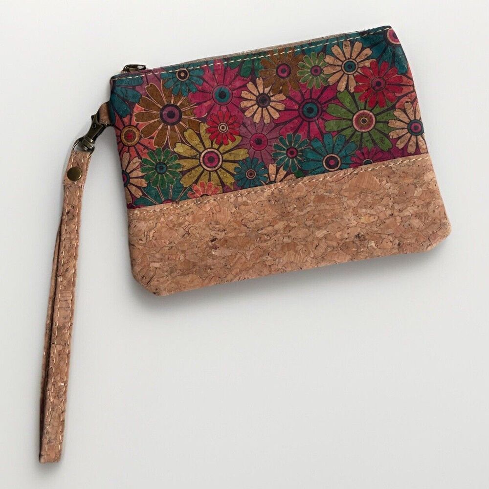 Natural Cork Wristlet Indie Hippie Boho Cottage Wallet Zip Floral Vegan Daisies